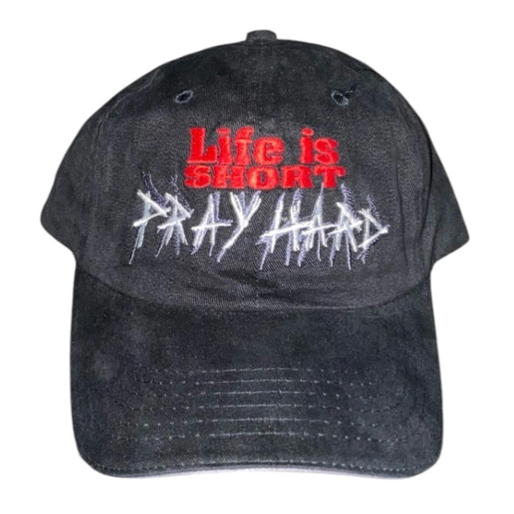 Vintage Baseball Cap SnapBack Life Is Short Pray Hard Black Red Religious Cap